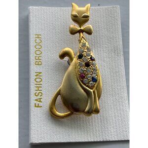 Cat Brooch With Multicolor Rhinestones Gold-Tone Metal Fashion Accessory Made In